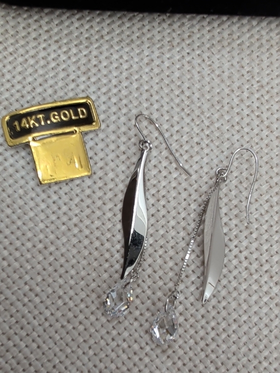 Diamonique Jewelry - Vintage QVC Diamonique 14K White Gold Leaf Dangle Earrings 2" Drop